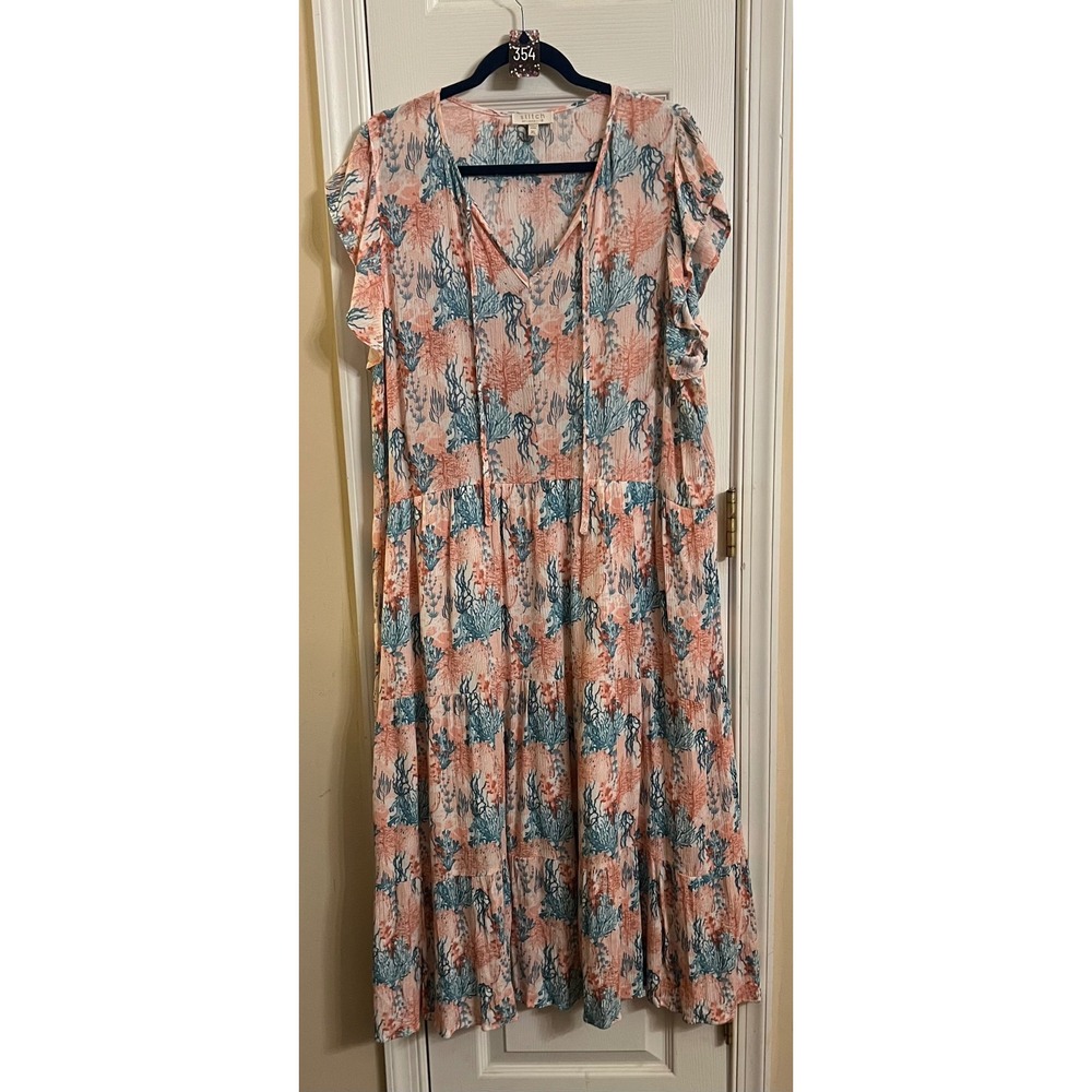 Stitch by Chenault Coral Print Tiered Midi Dress XL Peach Teal Flutter Sleeve